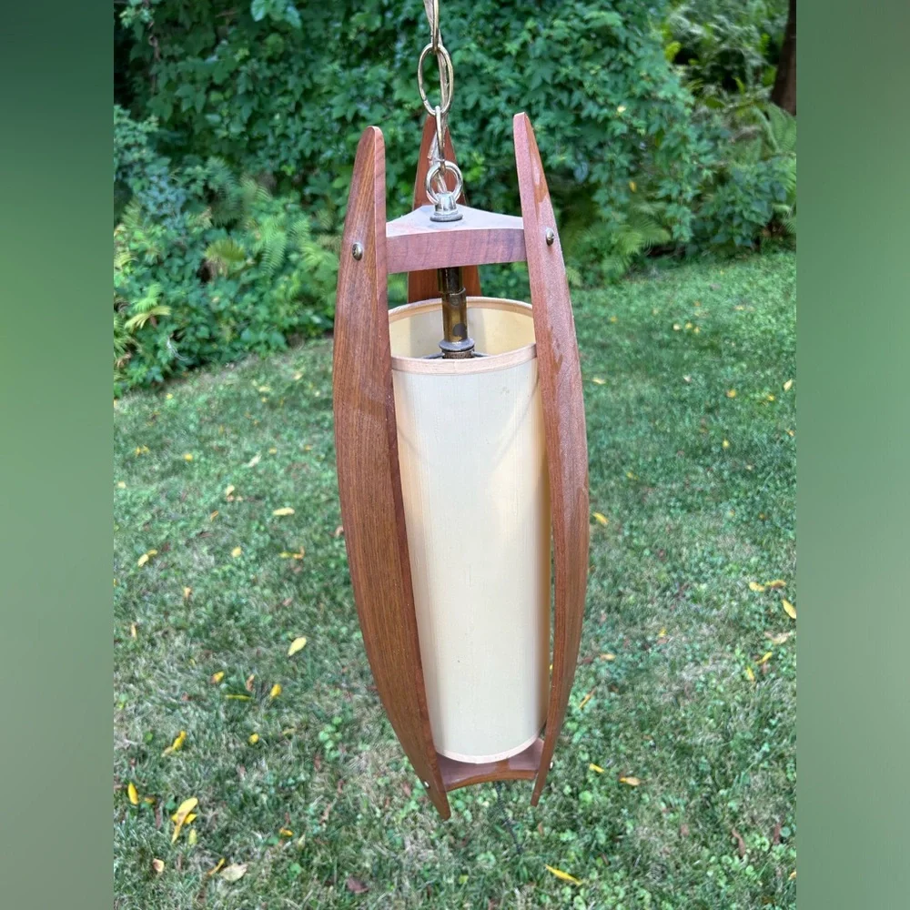 SUPER RARE VINTAGE AS IS MCM DANUSH MODERN Swag light fixture curved wood_3